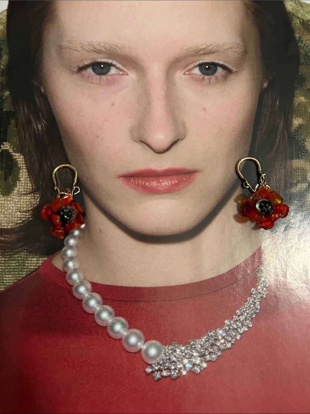 Vintage Red-green 14k GP/E  Floral Glass Drop Earrings